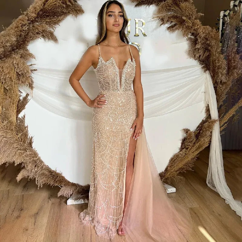 Evening dress with tiered layers-Serene Hill Nude Mermaid Sexy Spaghetti Straps High Split Beaded Arabic Long Evening Dresses Gowns 2024 For Women Party LA72189