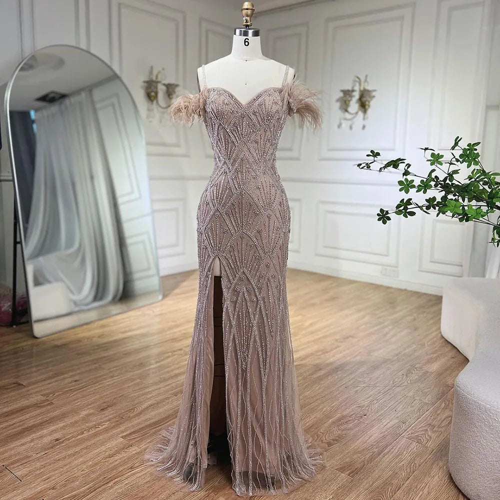 Pink evening dress-Serene Hill Nude Spaghetti Straps Elegant Mermaid Evening Dresses Gowns Luxury Beaded Feathers For Woman Party 2024 LA72028A