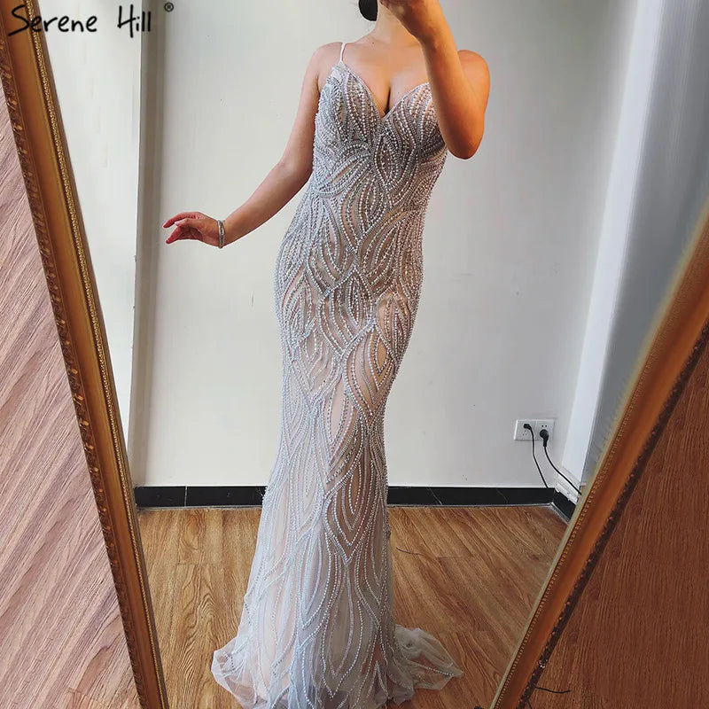 Evening dress with open back-Serene Hill Nude White Mermaid Evening Dresses Gowns 2024 Spaghetti Strap Luxury Elegant For Women Party LA70214