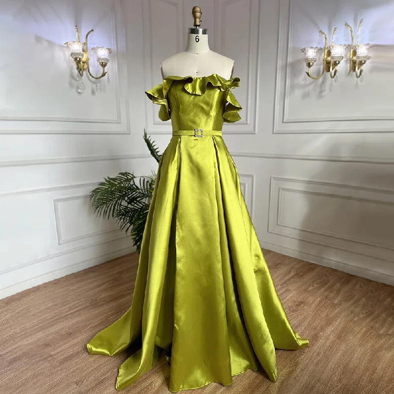 Navy evening dress-Serene Hill Olive Green A-Line Sexy Satin Off Shoulder Evening Dresses Long Luxury 2024 Celebrity Gowns For Woman Party LA70245