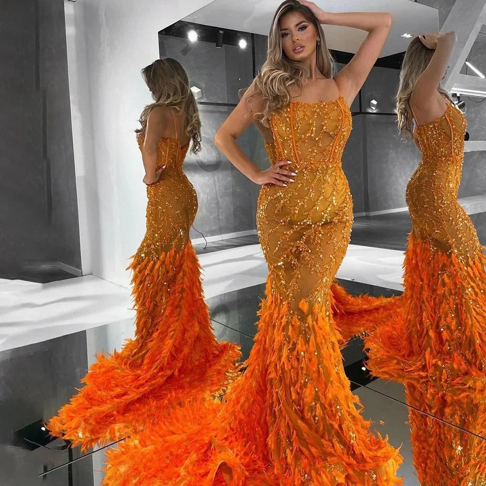 Evening dress with lace-up back-Serene Hill Orange Spaghetti Strap Mermaid Evening Dresses Gowns Luxury Feathers Beaded for Women Wedding Party 2024 LA72272