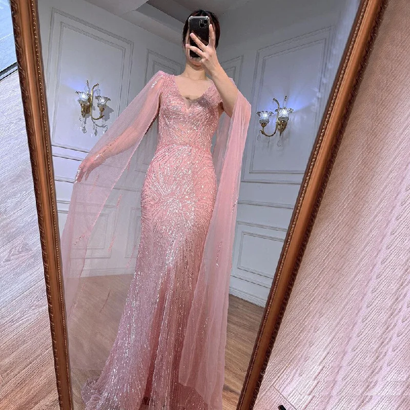 Evening dress for winter-Serene Hill Peach Pink Mermaid Elegant Cape Sleeves Beaded Evening Dresses  Formal Arabic Gowns 2024 For Women Party LA72038