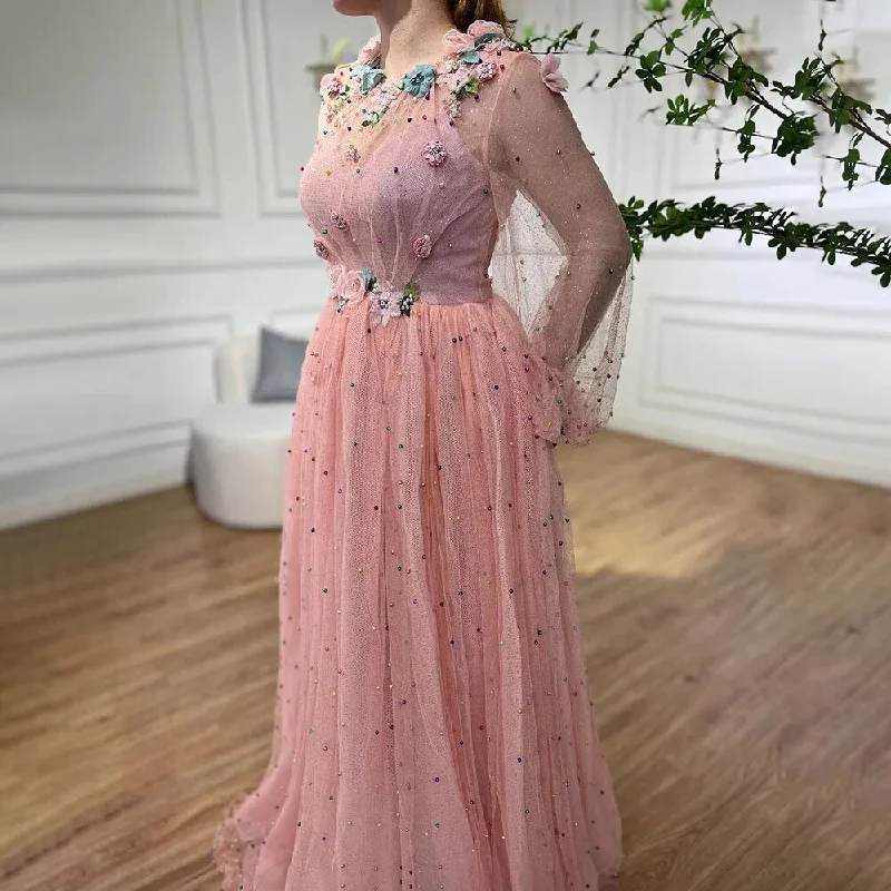 Green evening dress-Serene Hill Pink  A Line O Neck Long Sleeve Dubai Evening Dresses Design 2024 Handmade Flowers Pearls Evening Gowns LA60766