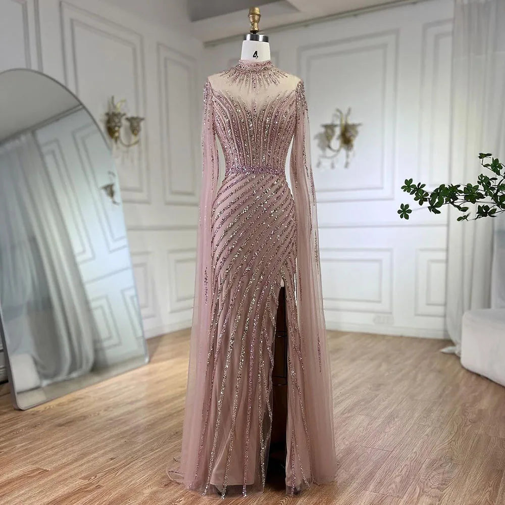 Evening dress with ruffled hem-Serene Hill Pink Cape Sleeves Mermaid Split Beaded Luxury Dubai Long Evening Dresses Gowns for Women Wedding Party 2024 LA72449