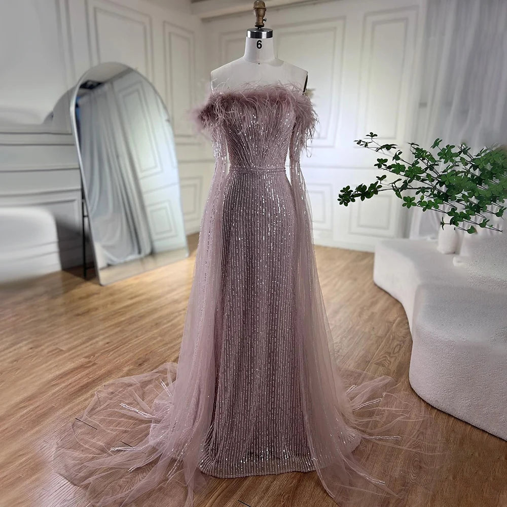 Elegant evening dress-Serene Hill Pink Cape Sleeves Mermaid yellow Evening Dresses Gowns Luxury Beaded Feathers For Women Wedding Party 2024 LA72169A