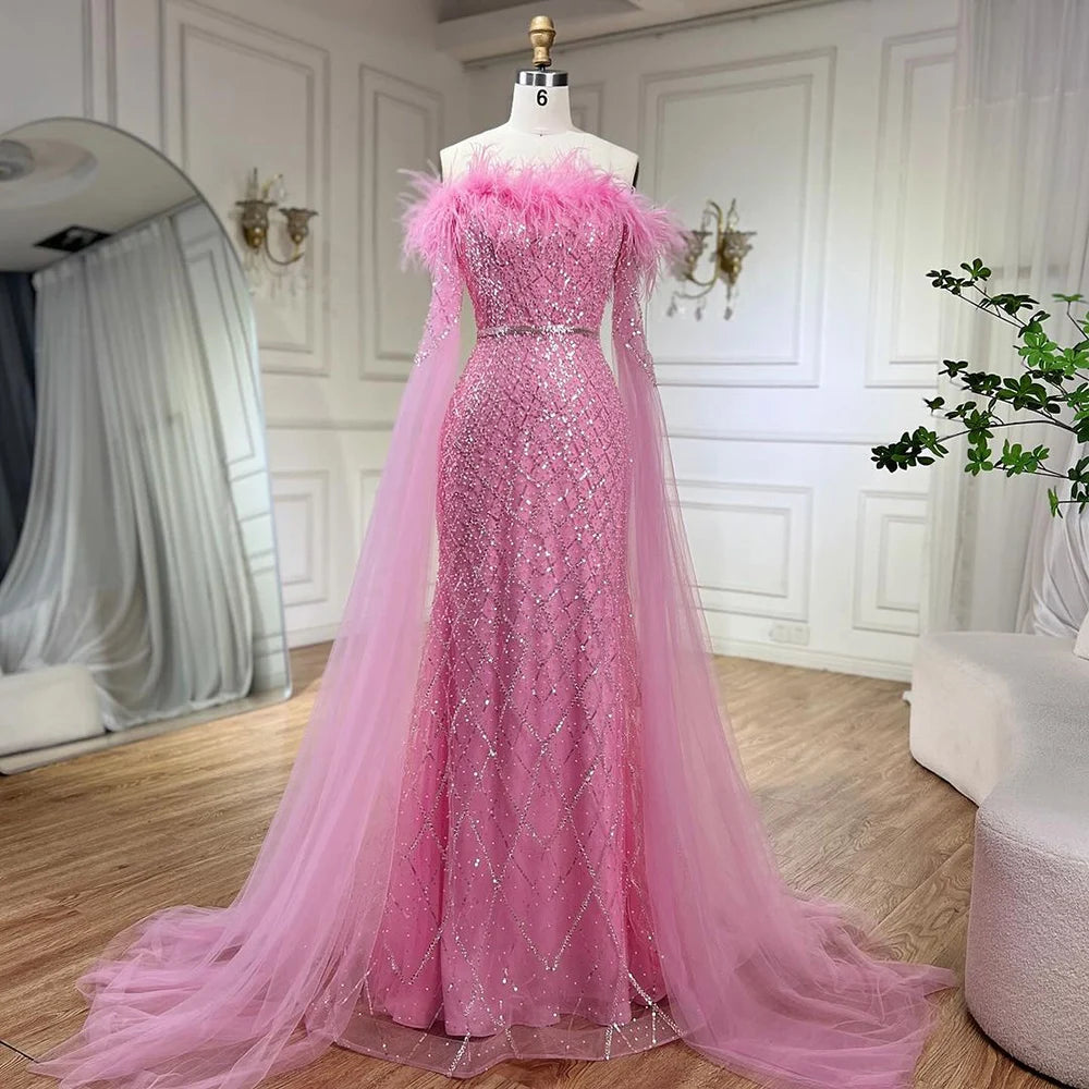 Burgundy evening dress-Serene Hill Pink Elegant Cape Sleeves Mermaid Evening Dresses Gowns Luxury Feathers Beaded 2024 For Women Wedding Party LA72169B