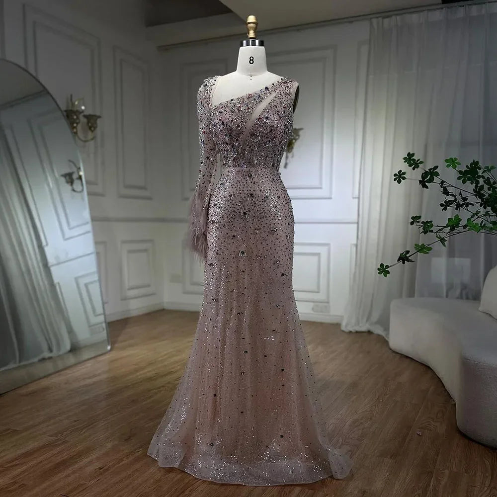 Two-piece evening dress-Serene Hill Pink Elegant Mermaid with Skirt Crystal Beaded Feathers Luxury Evening Dress Ladies Wedding Party Dress 2024 LA72377