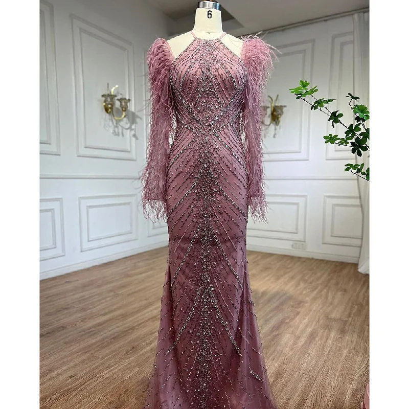 Evening dress with illusion neckline-Serene Hill Pink Feathers Mermaid Elegant Long Evening Dresses 2024 Luxury Dubai Gowns for Women Wedding Party LA72116