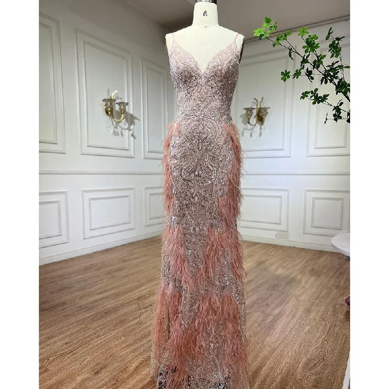 Evening dress with lace-up back-Serene Hill Pink Feathers Mermaid Evening Dresses 2024 Luxury Dubai Gowns for Women Wedding Party LA72105