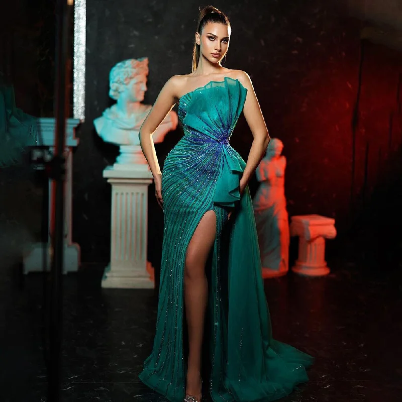 Evening dress with sequined bodice-Serene Hill Green Strapless Beaded Mermaid High Split Evening Party Gowns 2024 Sexy Party Dresses For Women LA72090