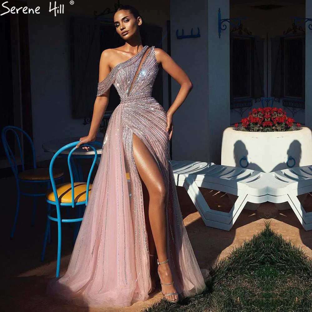 Evening dress with sweetheart neckline-Serene Hill Pink Luxury High Split Evening Dresses Gowns 2024 Beaded Elegant Meramid For Women Party LA71371