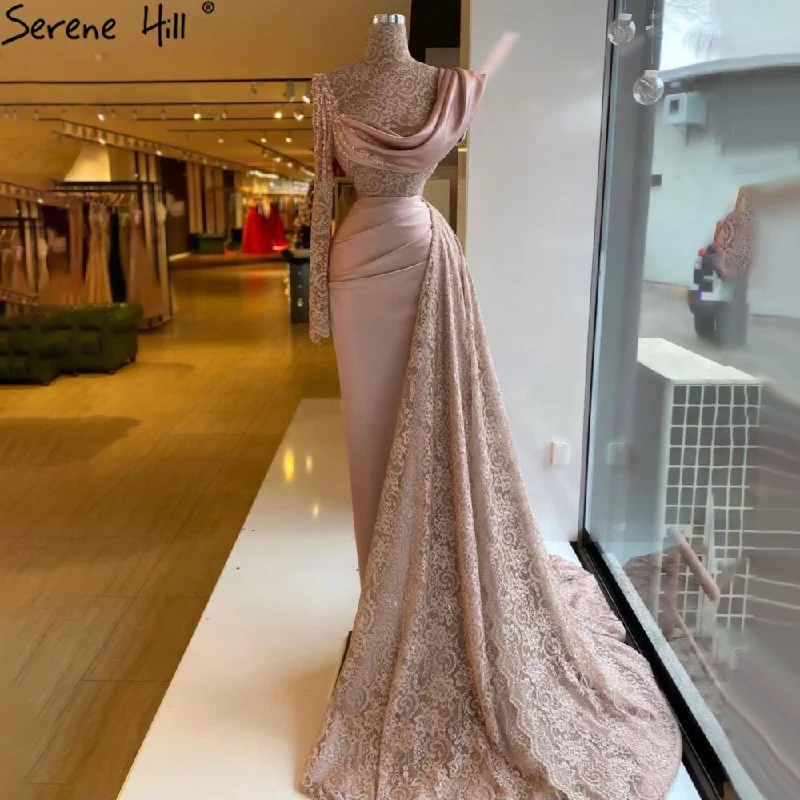 Evening dress with tulle-Serene Hill Pink Meramid One Shoulder Evening Dresses Gowns 2024 Beaded Lace Elegant For Women Party LA71297