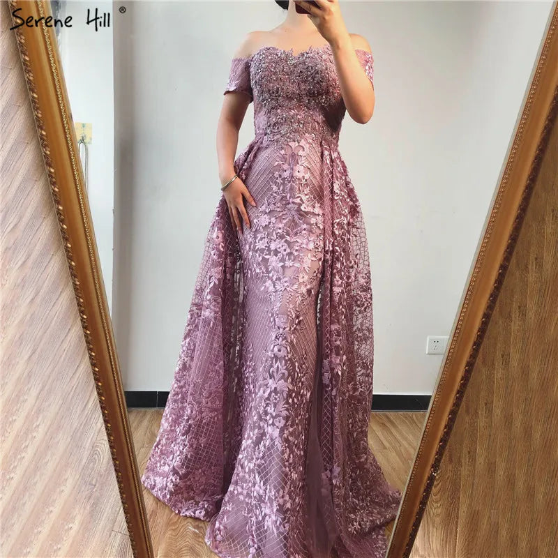 Evening dress with bow-Serene Hill Pink Mermaid Elegant Short Sleeve Flowers Evening Dresses 2024 Dubai Sexy Off Shoulder Lace Crystal Gowns LA70200