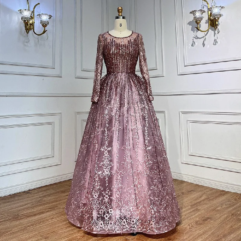 Champagne evening dress-Serene Hill Pink Muslim A Line Long Sleeves Evening Dresses Arabic Luxury Beaded Gowns 2024 For Women Wedding Party LA70552A