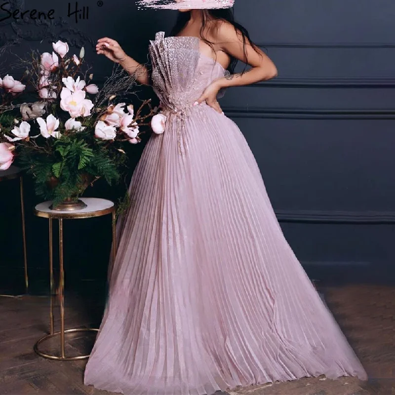 Formal evening dress-Serene Hill Pink Scalloped Pleats Arabic Evening Dresses Gowns 2024 Long A-line Formal For Women Wedding Party LA71271