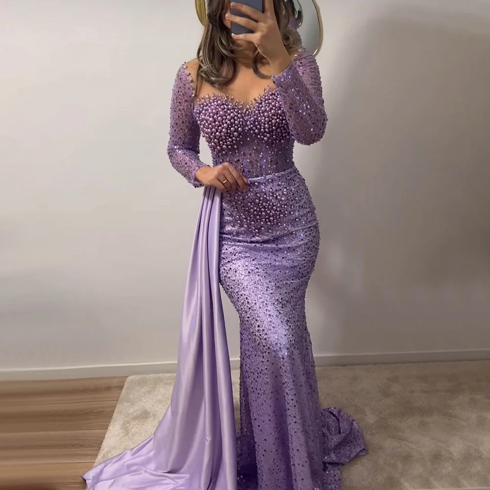 Evening dress with strapless design-Serene Hill Purple Mermaid Elegant With Overskirt Luxury Pearls Beaded Evening Dresses Gowns for Women Wedding Party LA72429