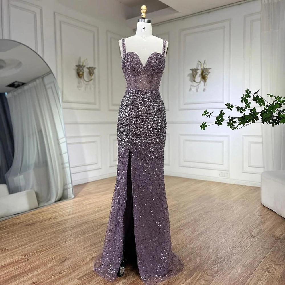 Evening dress with open back-Serene Hill Purple Spaghetti Straps Mermaid Beaded Party High Split Evening Dresses Gowns for Woman Wedding Party 2024 LA72454