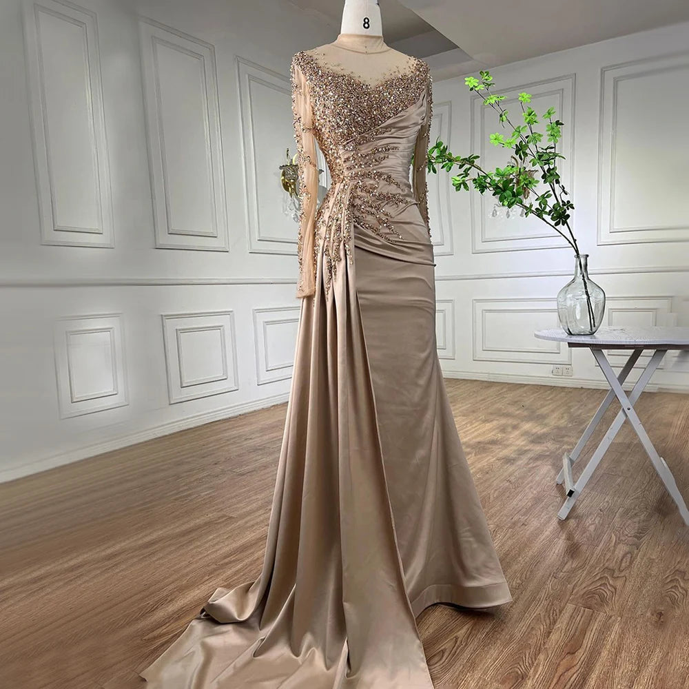 Metallic evening dress-Serene Hill Rose Gold Long Sleeve High Neck Luxury Mermaid With Skirt Evening Dresses Gowns For Women Party 2024 LA71804