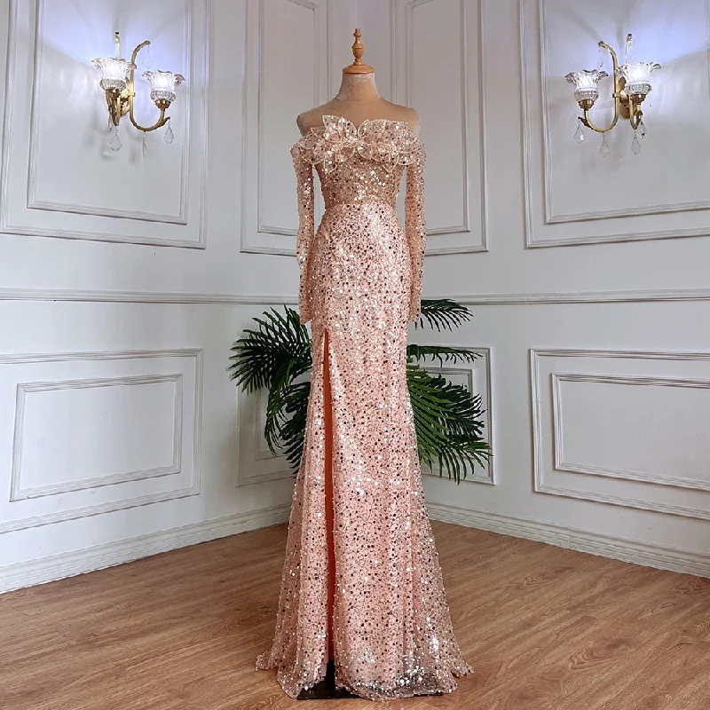 Evening dress with crystals-Serene Hill Rose Gold Mermaid Sexy Strapless High Split Evening Dresses Long Sleeves Wedding Party Gowns For Women 2024 LA71822