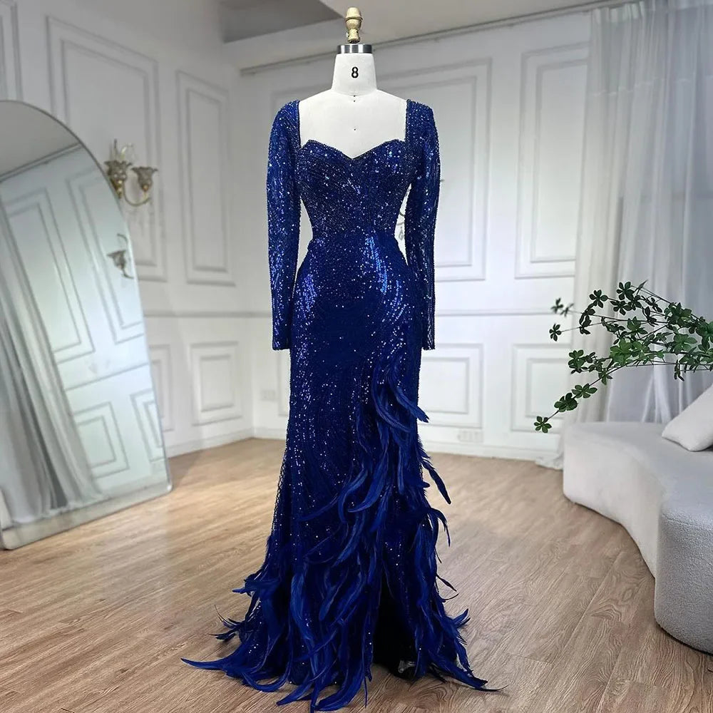 Formal evening dress-Serene Hill Royal Blue Mermai Sparkle Beaded Luxury Long Evening Dresses Gowns Beaded Feathers for Women Party 2024 LA72387