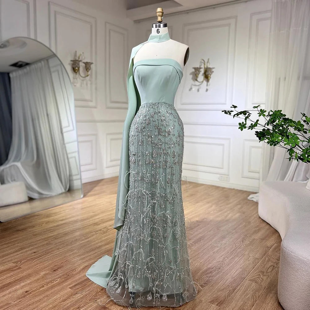 Evening dress with velvet-Serene Hill Sage Green Long Cape Cloak Mermaid Elegant Satin Beaded Feathers Evening Dresses 2024 For Women Party LA72290