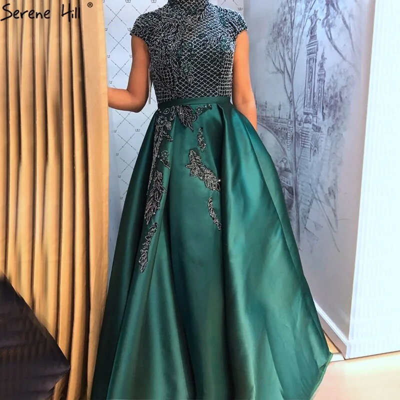 Evening dress with keyhole back-Serene Hill Satin Green A-Line Beading  Evening Gowns 2024 Dubai High Collar Cap Sleeves Formal Dress Design LA70761