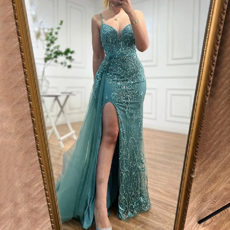 Evening dress with V-neck-Serene Hill Sexy Green Spaghetti Straps High Split Arabic Evening Dresses Gowns Mermaid Beaded 2024 For Women Party LA71568