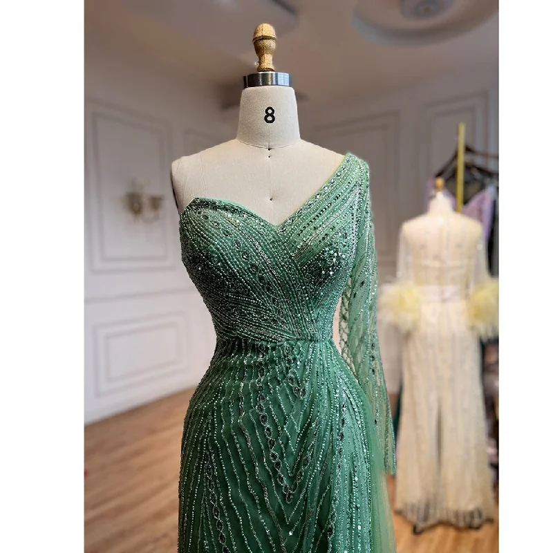 Evening dress with trumpet silhouette-Serene Hill Sexy One Shoulder Split Mint Mermaid Beaded Arabic Evening Dresses Gowns For Woman Wedding Party 2024 LA71859