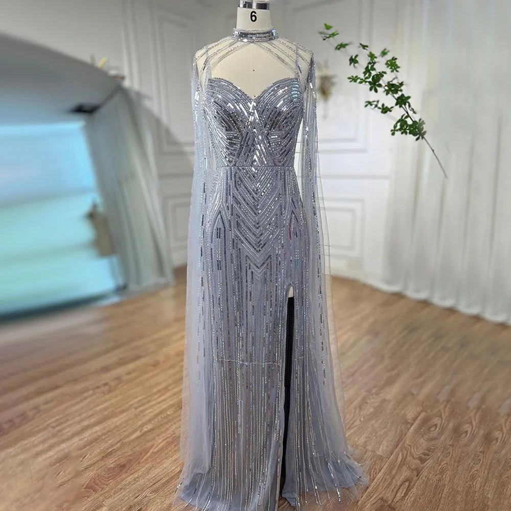 Evening dress with cap sleeves-Serene Hill Silver Cape Sleeves Mermaid High Split Beaded Evening Dresses Long Celebrity Gowns For Woman Party 2024 LA72137