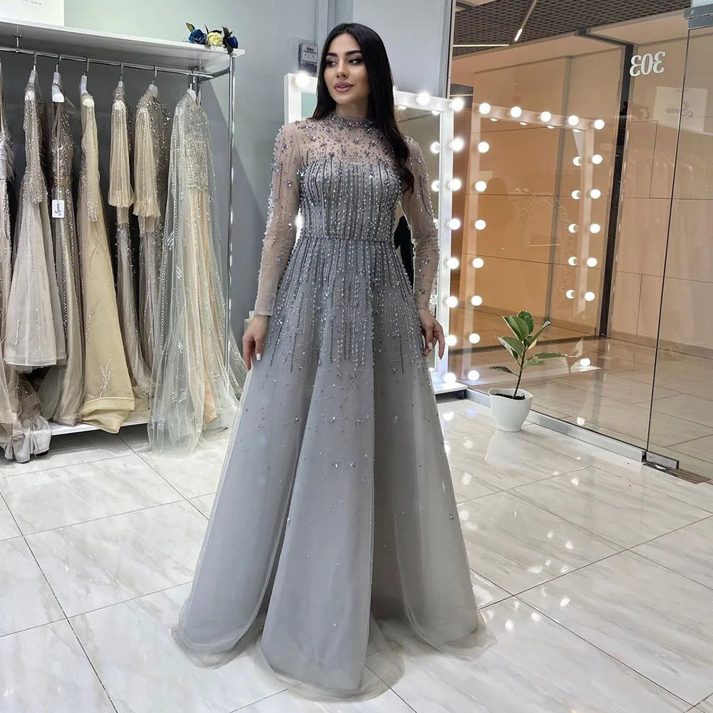 Evening dress with high neckline-Serene Hill Silver Luxury Sexy Evening Dresses Gowns A-Line Beaded Crystal Lace Up 2024 For Women Party LA71227