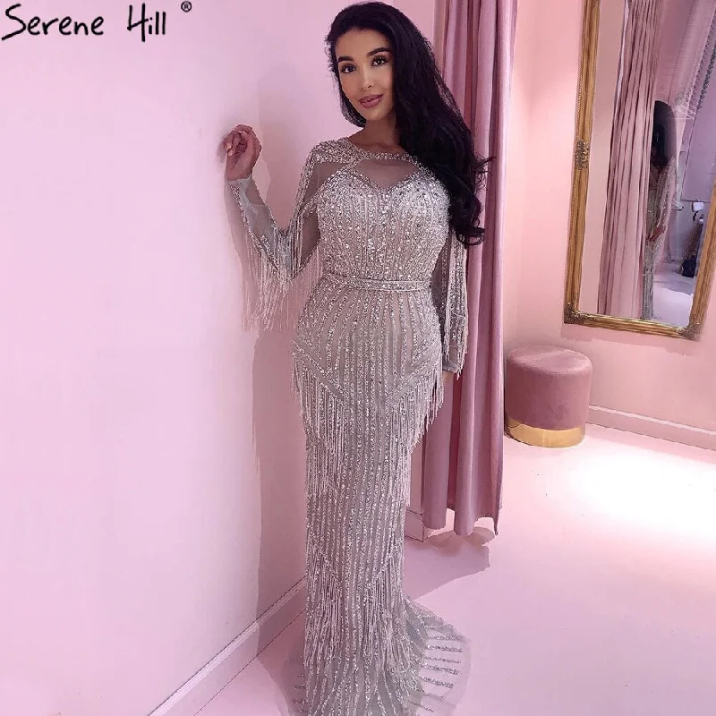 Evening dress for winter-Serene Hill Silver Muslim Luxury Evening Dresses Gowns 2024 Mermaid Beading Tassel Elegant For Woman Party LA71166