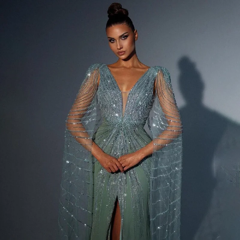 Evening dress with sequins-Serene Hill Turquoise Cape Sleeves Luxury Beaded Mermaid High Split Evening Dresses For Women Wedding Party Gowns 2024  LA72089