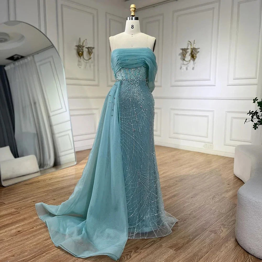 Formal evening dress-Serene Hill Turquoise Luxury Evening Dress Side Train Pearls One Shoulder for Women's Formal  Wedding Party Gowns LA72523