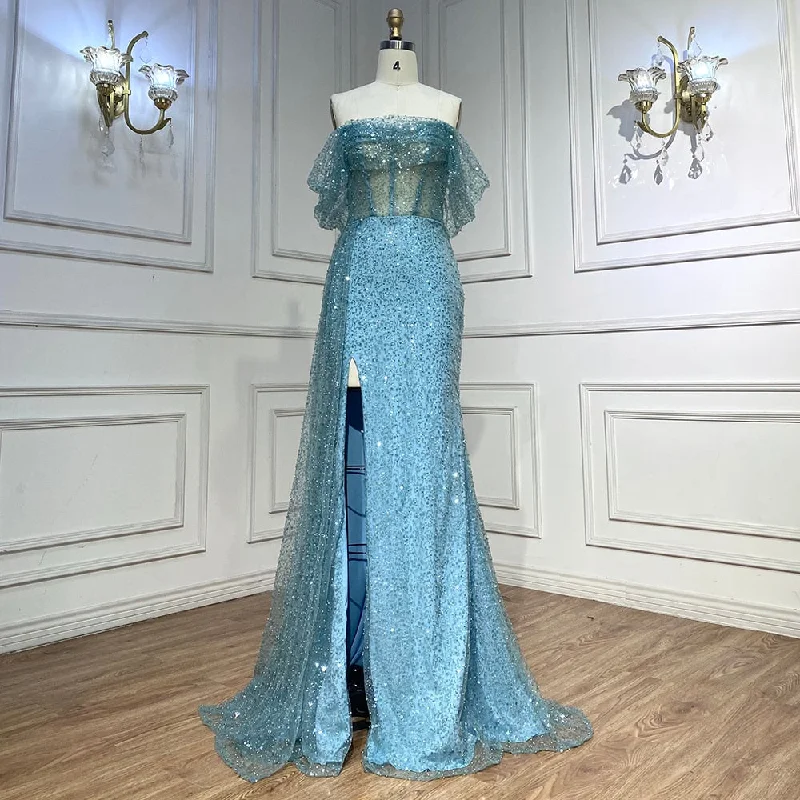 Evening dress with keyhole back-Serene Hill Turquoise Mermaid Elegant Overskirt Evening Dresses Gowns 2024 Beaded  For Women Wedding Party 2024 LA71945