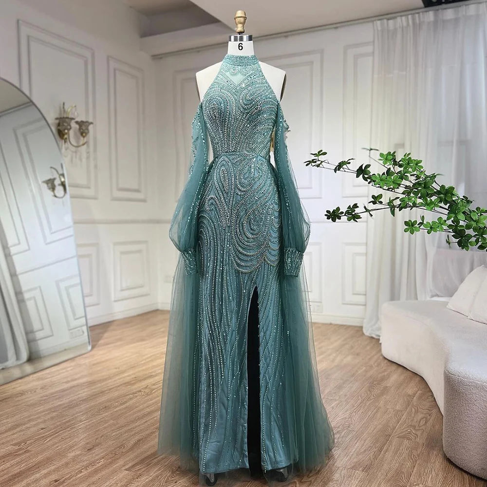 Evening dress for black tie-Serene Hill Turquoise Mermaid Elegant With Overskirt Luxury Beaded Evening Dresses Gowns For Women Wedding Party 2024 LA72298