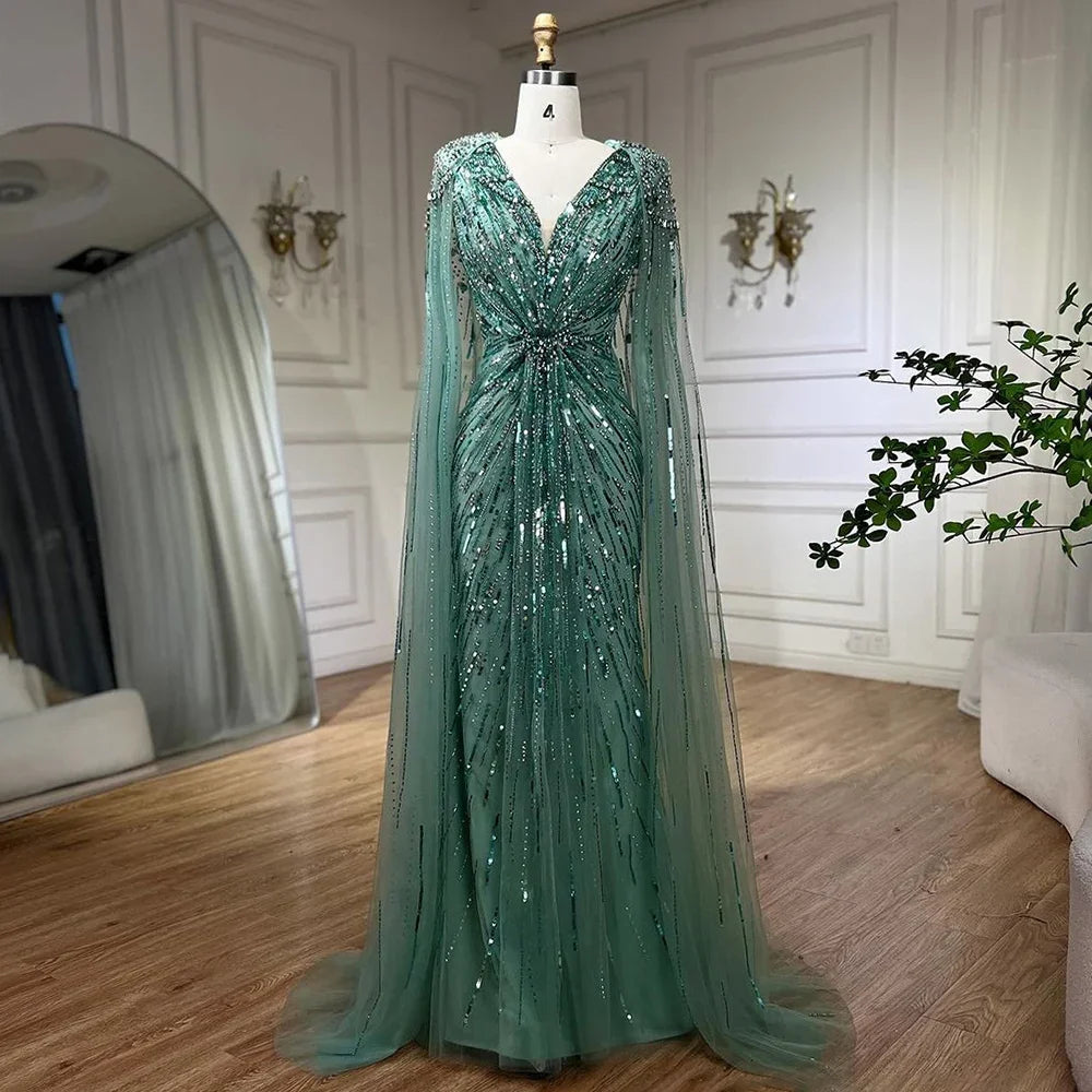 Evening dress with empire waist-Serene Hill Turquoise Mermaid Evening Dresses Gowns 2024 with Beaded  With Cape for Women's Wedding Party LA72168A