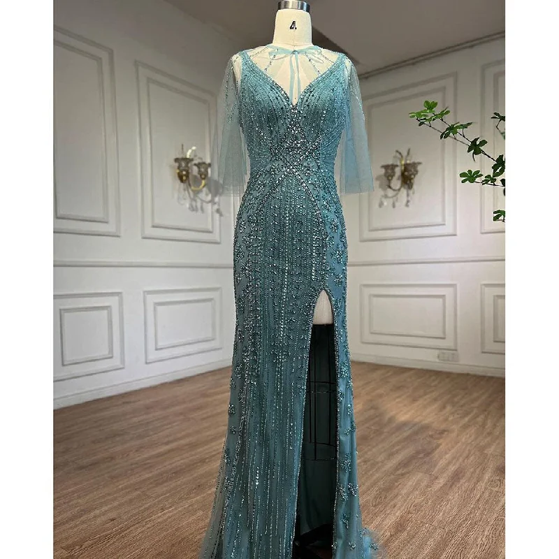 Evening dress with high-low hem-Serene Hill Turquoise Mermaid Luxury Evening Dresses Gowns 2024 Beaded Sexy High Split Elegant For Women Wedding Party LA72117