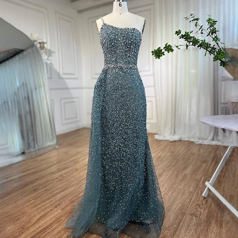 Evening dress with A-line-Serene Hill Turquoise Mermaid One Shoulder With Overskirt Beaded Evening Dresses Gowns 2023 For Women Wedding Party LA72144