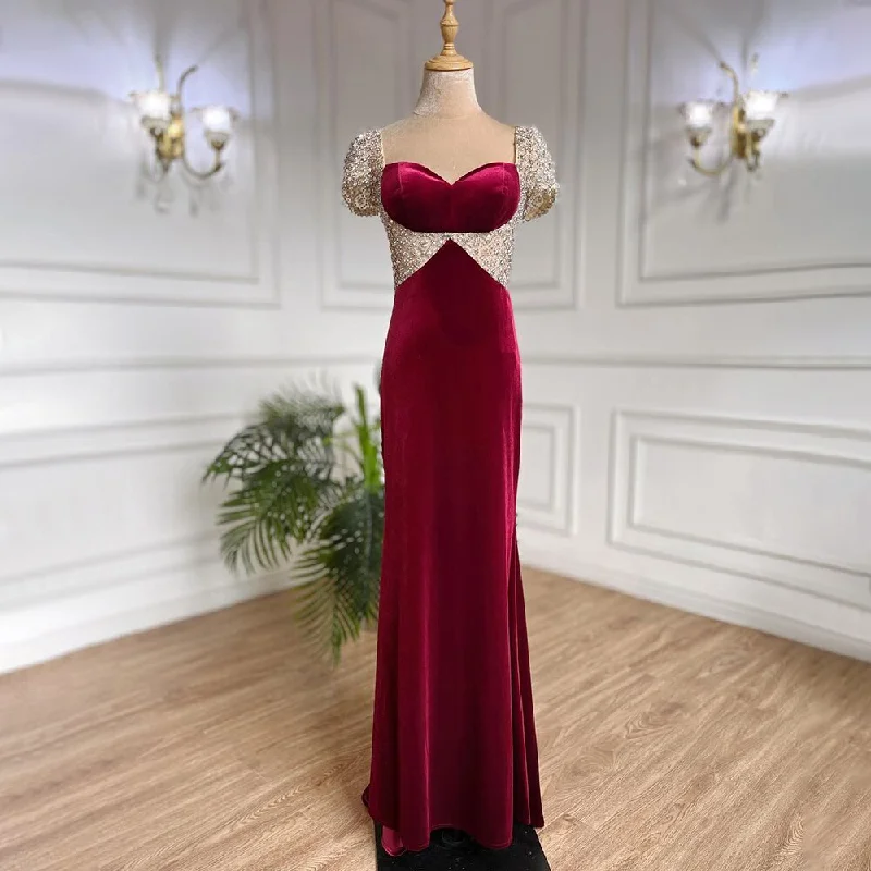 Evening dress for weddings-Serene Hill Wine Red Beaded Arabic Evening Dresses Gowns Mermaid Luxury Elegant For Women Party LA71876