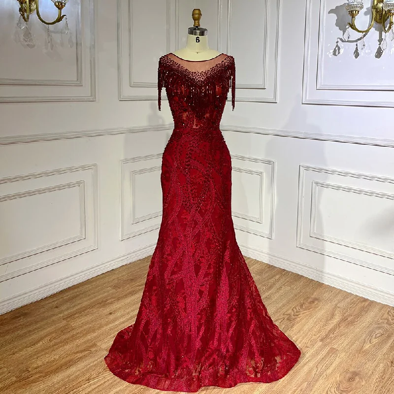 Evening dress with flared skirt-Serene Hill Wine Red Elegant Mermaid Lace Beaded Tassel Arabic Luxury Evening Dresses Gowns 2024 For Women Wedding Party LA71834