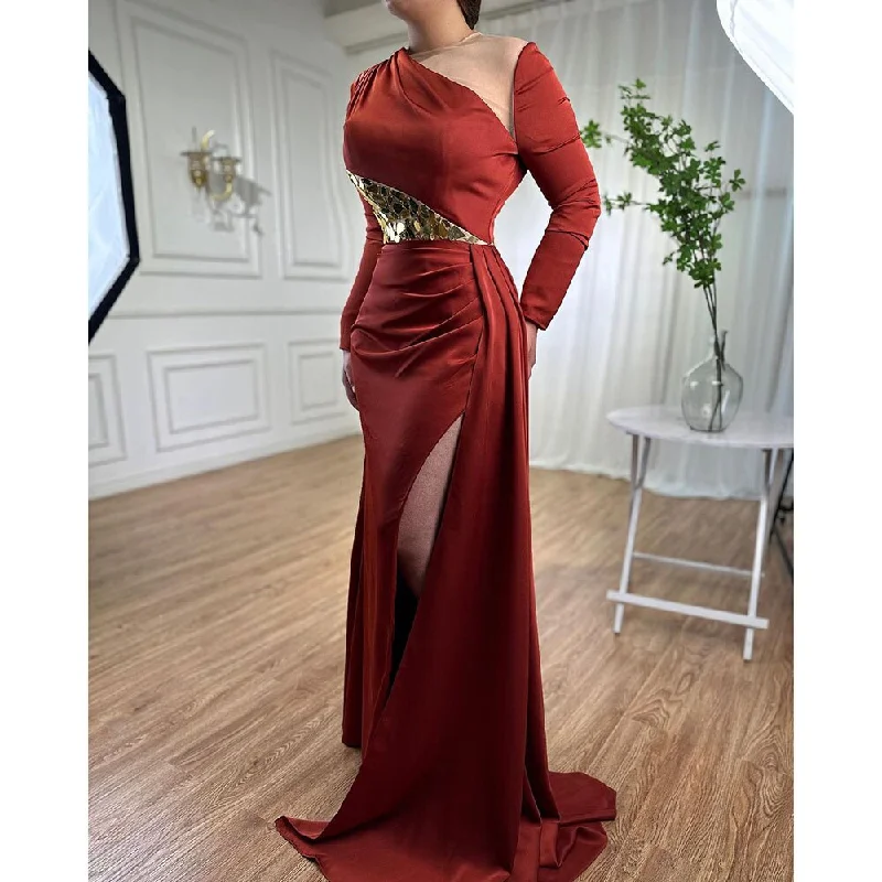 Evening dress with fishtail-Serene Hill Wine Red Mermaid High Split Satin Evening Dresses Gowns 2024 Elegant O Neck For Women Party LA71285A