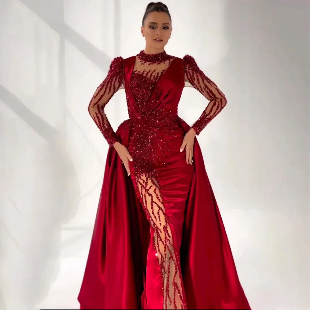 Evening dress with illusion sleeves-Serene Hill Wine Red Mermaid Luxury Lace Beaded Satin Evening Dresses Dubai Formal Gowns 2024 For Woman Wedding Party LA72202