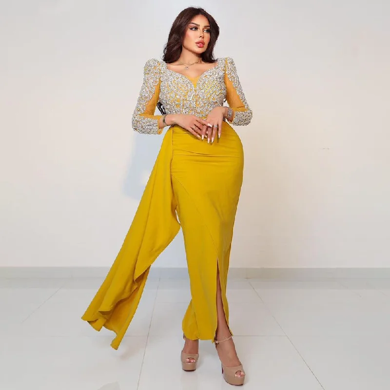 Navy evening dress-Serene Hill Yellow Long Sleeves Mermaid Evening Dresses with Skirt Beaded Dubai Mid Length Party Gowns 2024 For Woman LA72079