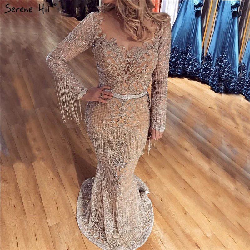 Evening dress for prom-SERNE HILL Dubai  Luxury  Muslim Tassel Beading Long Evening Dresses Party Formal Gowns  For  Woman 2024 Plus Size LA60707