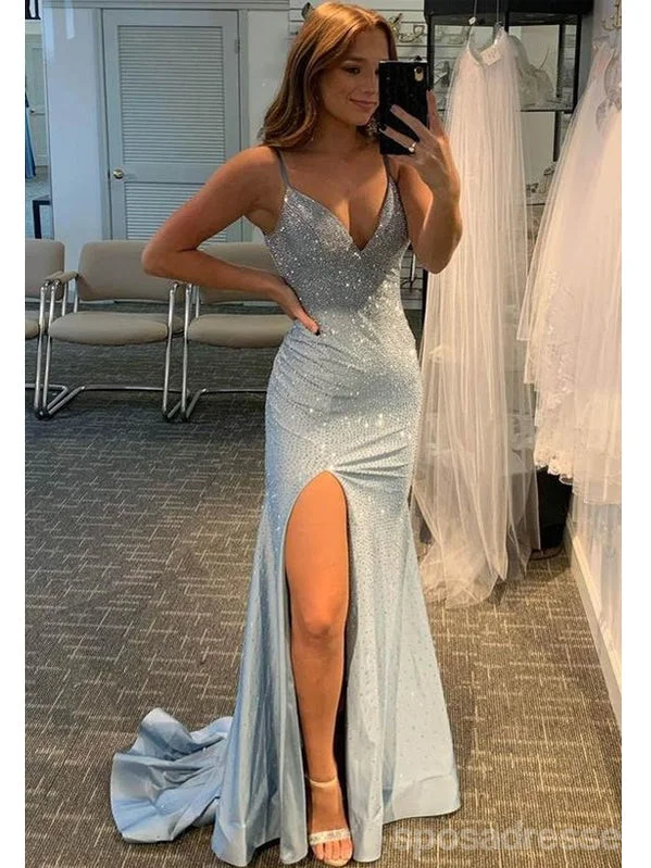 Evening dress with beaded details-Sexy Blue Mermaid Spaghetti Straps V-neck High Slit Long Prom Dresses,13087