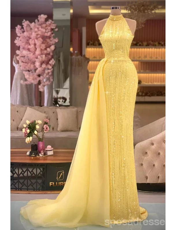 Evening dress with illusion back-Sexy Gold Mermaid Halter Cheap Long Prom Dresses Online,13070