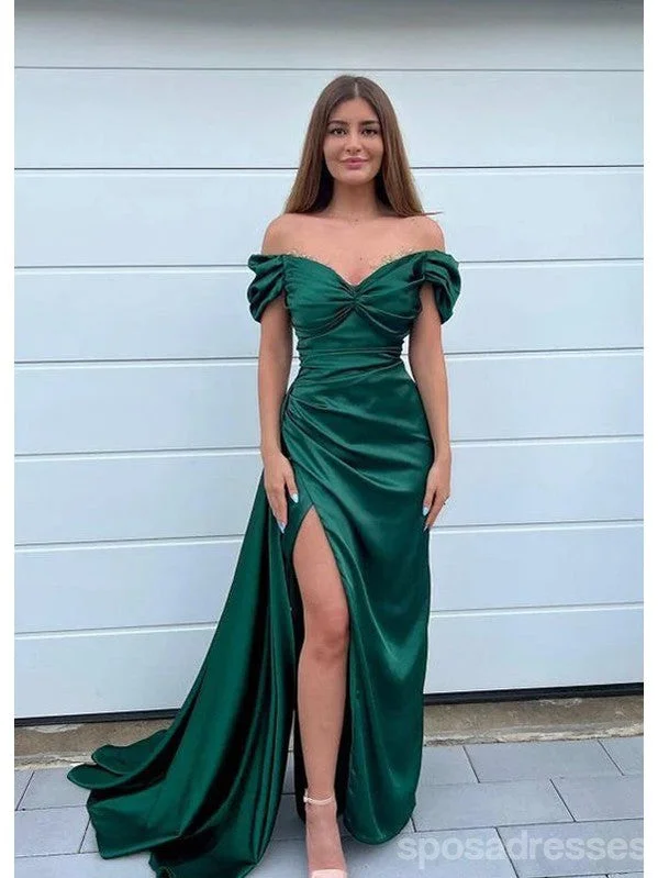 Evening dress with ruffles-Sexy Green Mermaid Off Shoulder Side Slit Long Party Prom Dresses,Evening Dress,13352