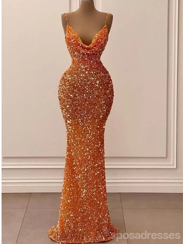 Evening dress with double straps-Sexy Orange Mermaid Spaghetti Straps Sleeveless Cheap Long Prom Dresses,13084