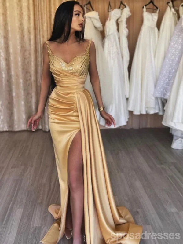 Classic evening dress-Sexy Yellow Mermaid V-neck High Slit Prom Dresses,Evening Dresses,13102