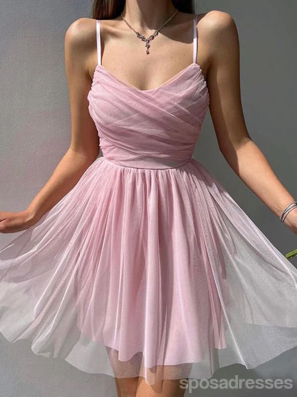 Evening dress with tulle-Simple Pink A-line Spaghetti Straps Short Homecoming Dresses,Short Prom Dresses,CM962